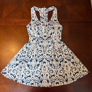 Blue‎ White Damask Fit & Flare Sexy Sleeveless Dress Racerback Skater 7/8